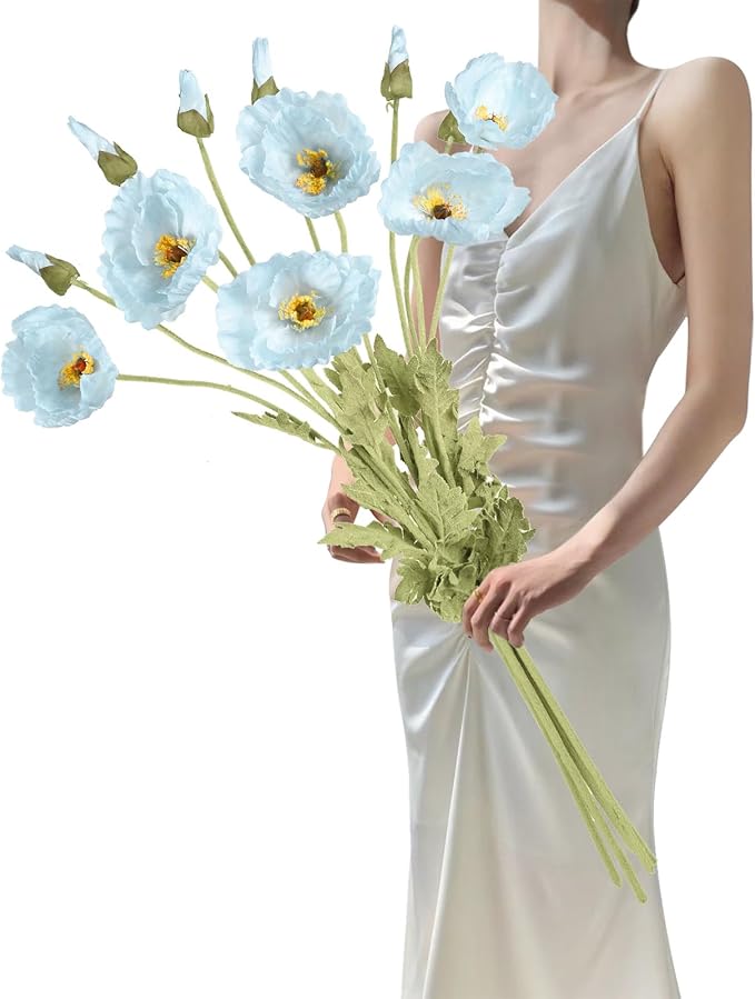 IPOPU 43.3" Poppy Flowers Artificial Flowers 6PCS Fake Silk Poppies Long Stem Artificial Flowers for Tall Vase for Wedding Party Home Decor(Baby Blue)