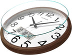 Wall Clock, Classic Wood Style Finish, 13 Inch Non-Ticking Silent Battery Operated Quartz Analog with Perpetual Calendar and F° Temperature Display, Home, Office Décor (Chestnut Brown)