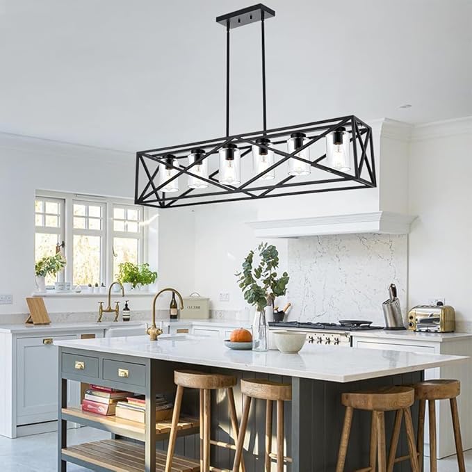 TODOLUZ 6-Lights Farmhouse Chandelier Black Dining Room Light Fixtures, 45.28" Contemporary Rectangle Kitchen Island Lighting with Clear Glass Shade