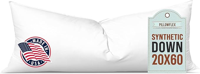 Pillowflex Synthetic Down Pillow Insert - 20x60 Down Alternative, Ultra Soft Body Pillow, Large Queen Body Bed Sleeping Pillow - 1 Decorative Pillow Form