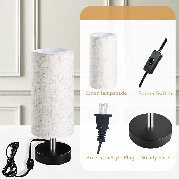 Bedside Table Lamps, Table Lamp for Bedroom, Lamps for Night Stands with Linen Lampshades, Small Table Lamp for Living Room, Office (Bulb Excluded) (Black)