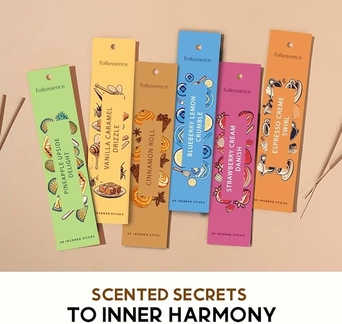 Folkulture Incense Sticks with Holder for Gift | Set of 6 (120) Non Toxic Fall Incense Sticks with 45 Mins Burn Time | Bakery Themed Organic Fall Scents- Vanilla Caramel, Strawberry, Cinnamon Insense