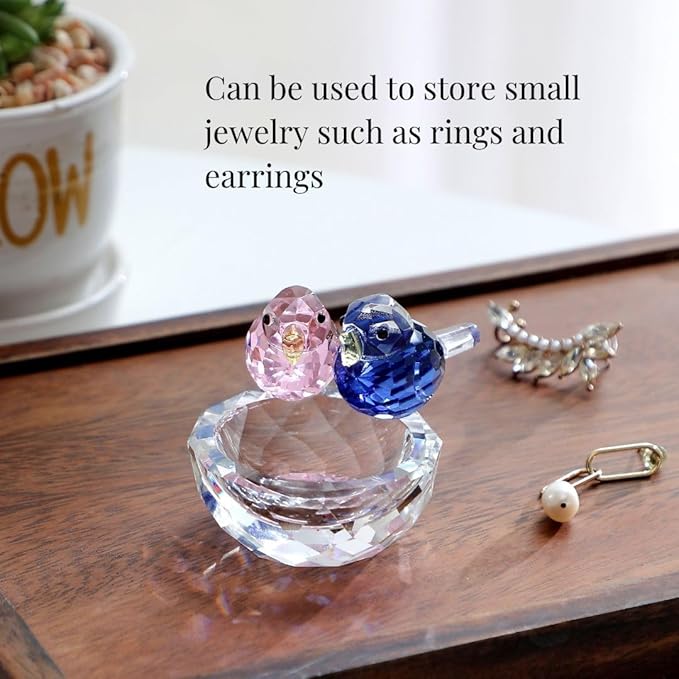 Crystal Bird Figurine Faceted Glass Birdy Nest Statue Valentine's Day Gift for Her Cute Animal Collectible Ornament Home Decor (Pink and Blue)