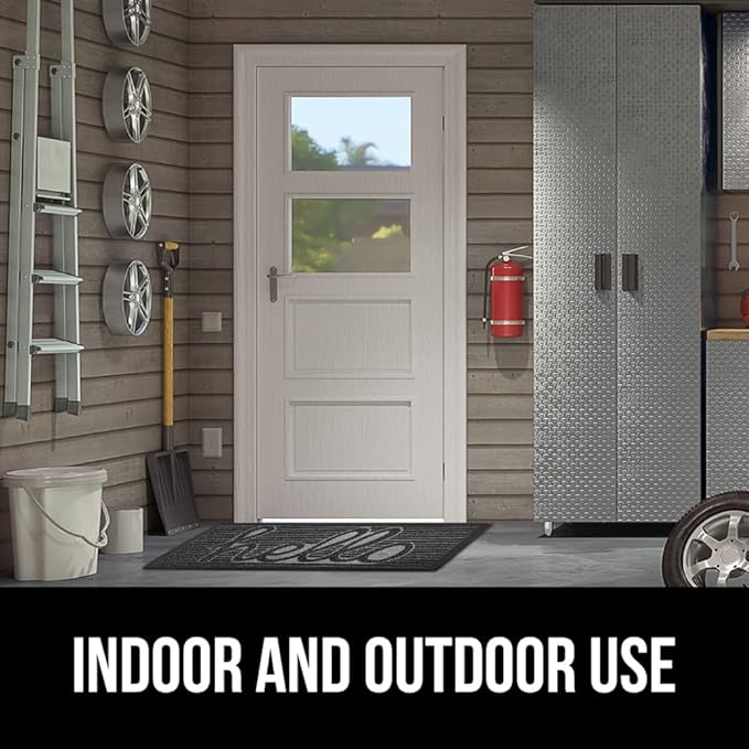 GORILLA GRIP 100% Waterproof All-Season WeatherMax Doormat 35x23, US Designed Natural Rubber, Stain and Fade Resistant, Low Profile Indoor Outdoor Door Mats, Easy Clean Patio Mat, Charcoal Hello