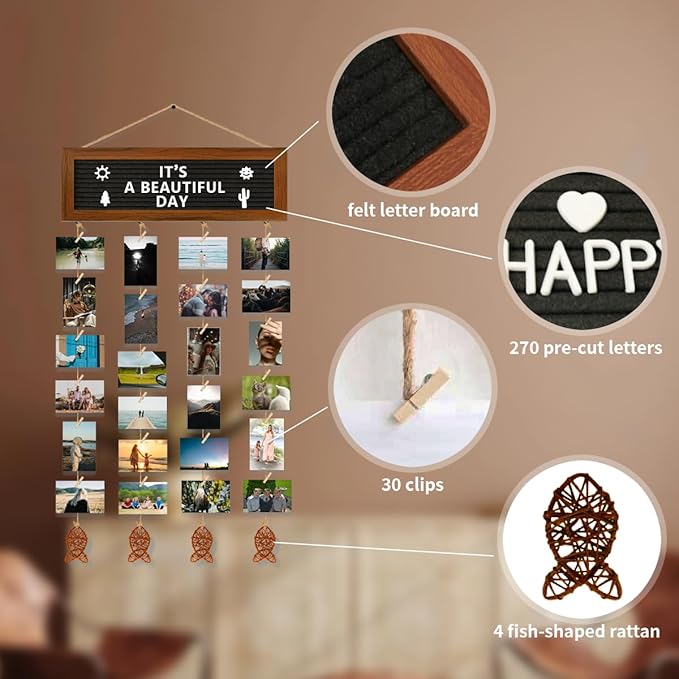 Hanging Photo Display Wall Decor, Picture Frames Collage Felt Letter Board with 270 Letters and 30 Clips, DIY Boho Dorm Room Decor for Wall, Mothers Day Party Birthday Gifts