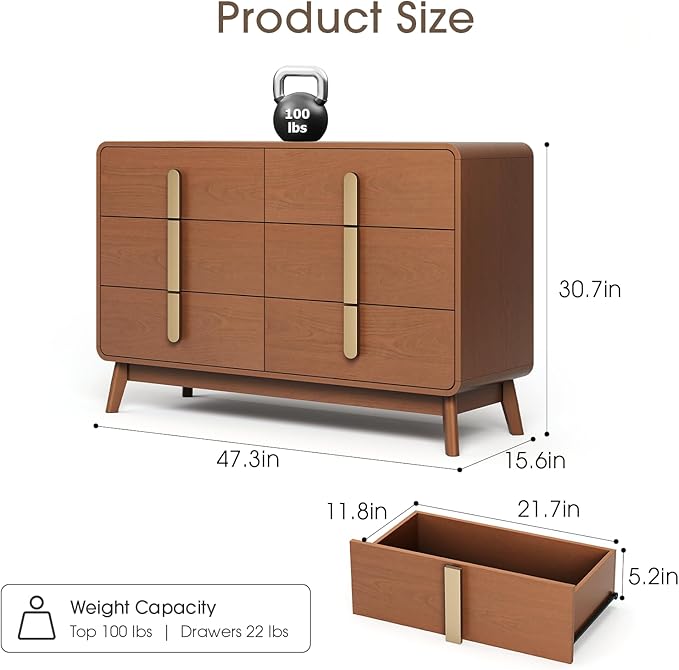 Dresser for Bedroom with 6 Drawers,Mid Century Modern Dresser with Storage,47" Wide Chest of Drawers with Metal Handles,Large Wood Drawer Organizer for Bedroom,Living Room,Hallway,Cherry