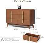 Dresser for Bedroom with 6 Drawers,Mid Century Modern Dresser with Storage,47" Wide Chest of Drawers with Metal Handles,Large Wood Drawer Organizer for Bedroom,Living Room,Hallway,Cherry