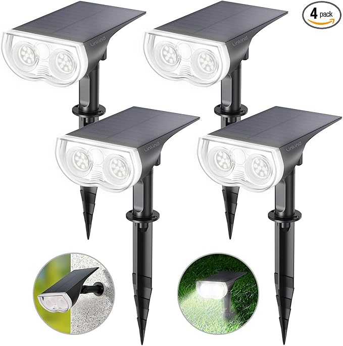Linkind Solar Lights Outdoor Waterproof IP67, StarRay Dusk-to-Dawn Outdoor Solar Lights, 3 Lighting Modes Solar Spot Lights Outdoor for Garden, Yard, Landscape (Daylight, 4 Pack)