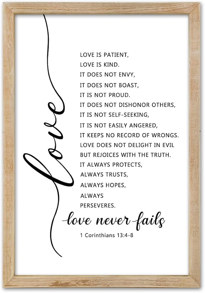 FZMHASLWW Love Is Patient Kind Wall Decor 16"×11" Love Never Fails 1 Corinthians 13 Bible Verse Sign Wood Framed Wall Hanging Art (Wood)