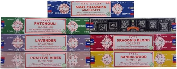 Satya Incense Gift Set Nag Champa, Super hit, Dragon's Blood, Sandalwood, Patchouli, Lavender, Positive Vibes 15gms x 7 Packs | for Meditation, Yoga, Healing, Aromatherapy, Relxation, Spirituality |