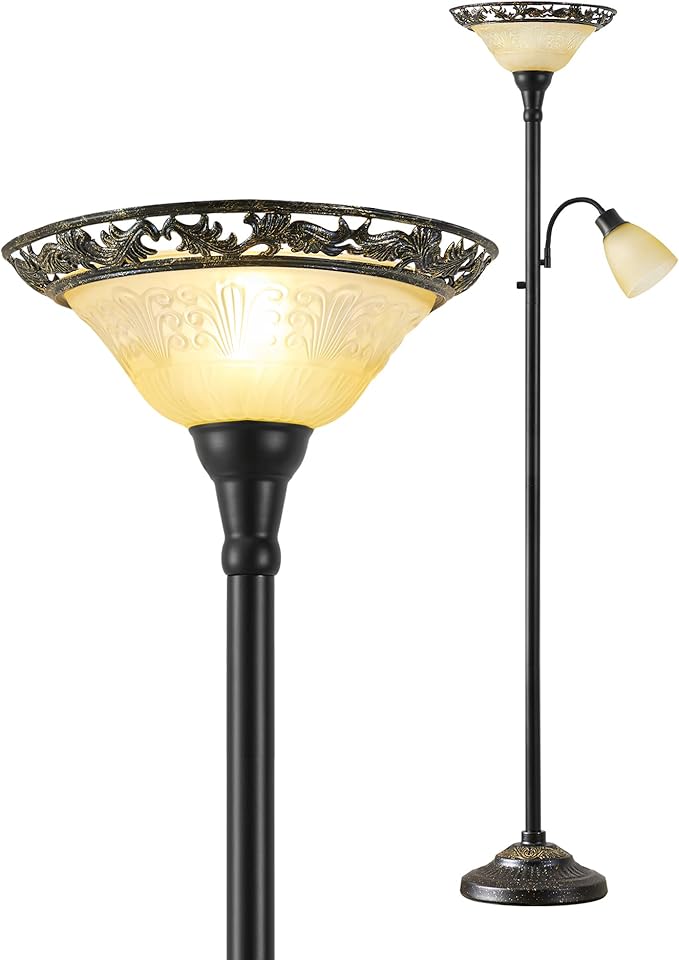Torchiere Floor Lamps for Living Room, 70" Lamps for Living Room with Etched Glass Shade, Metal Pole & Heavy Base, Vintage Standing lamp Decor for Bedroom, Living Room, Office