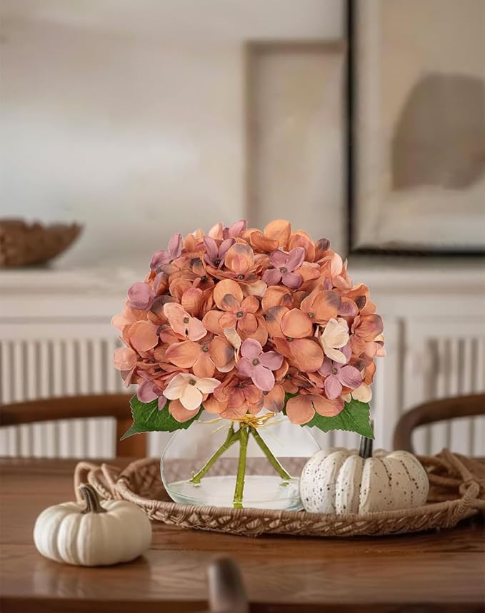 Hollyone Fall Hydrangea Artificial Flowers for Decoration with Glass Vase Dark Peach Autumn Silk Fake Flower Arrangements with Faux Water Table Centerpiece Vase with Flowers Fall Decorations for Home