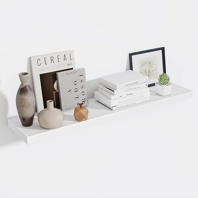 Fun Memories 10 Inch Deep Shelves, Floating Shelves for Wall 48 Inches Long, Wood Floating Shelves for Wall, Large Storage Shelves Wall Mount for Living Room Bedroom, White, Set of 1