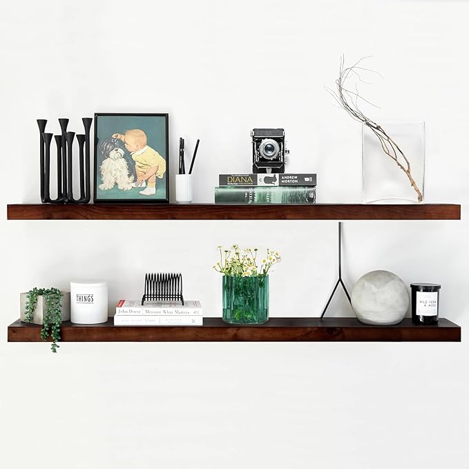 Homeforia 48 inch Walnut Floating Shelf, High End Solid Real Wood Large 48inch Floating Shelves for Wall, Dark Brown 48 inches Long Floating Shelves, Heavy Duty Bracket, 48 X 6.5 X 1.75 inch, Set of 3