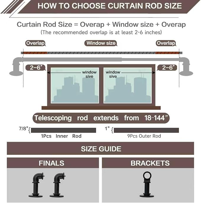 Black Curtain Rods 18 to 144 Inch, Industrial Curtain Rods,Adjustable Length,1 in Diameter Pipe,Wall or Ceiling Mounted,for Bedroom and Living Room(Black 18” to 144”)