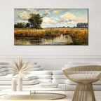 LASMOND Beautiful Wilderness Meadow Canvas Wall Art Oil Painting Reproduction Print Vintage Wildflower Field Scenery Countryside Landscape Tree Rustic Retro Decor Artwork Country Farmhouse Living Room 24x48 Inches