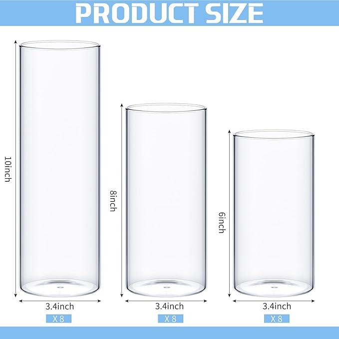 24 Pcs Glass Cylinder Vases Clear Flowers Vase Decorative Floating Candles Holders Table Centerpieces for Wedding Party Event Home Office Decor (Clear,3.4'' X 6'', 3.4'' X 8'', 3.4'' X 10'')