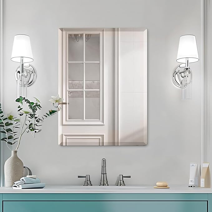 Mirrorons Beveled Mirror, Wall Mirror 18" x 24", Frameless Rectangle Bathroom Mirror with Beveled Edge, Hangs Horizontally or Vertically. Rounded Corner Tempered