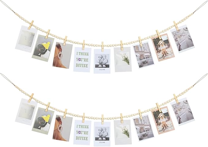 2PCS Boho Hanging Photo Display with Clips - Wooden Bead Garland String,Photo Collage Holder for Dorm,Cubicle & Teen Girl Room Decor,Picture Wall Banner with Clips for Bedroom Office Decorations