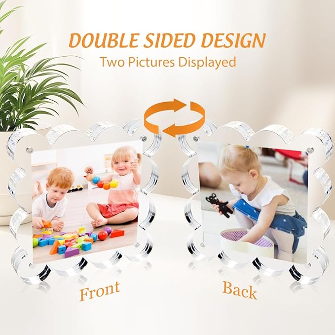 3 Pack 4x4 Inch Magnetic Acrylic Picture Frame,10+10mm Thick Block,Double Sided Clear scalloped frames for Desktop Display | Trendy Home Gift ((3 Pack), 4X4)