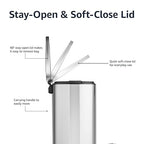 Amazon Basics Smudge Resistant Rectangular Trash Can With Soft-Close Foot Pedal, Brushed Stainless Steel, 50 Liter/13.2 Gallon, Satin Nickel Finish, 16.7"L x 14.7"W x 25.9"H