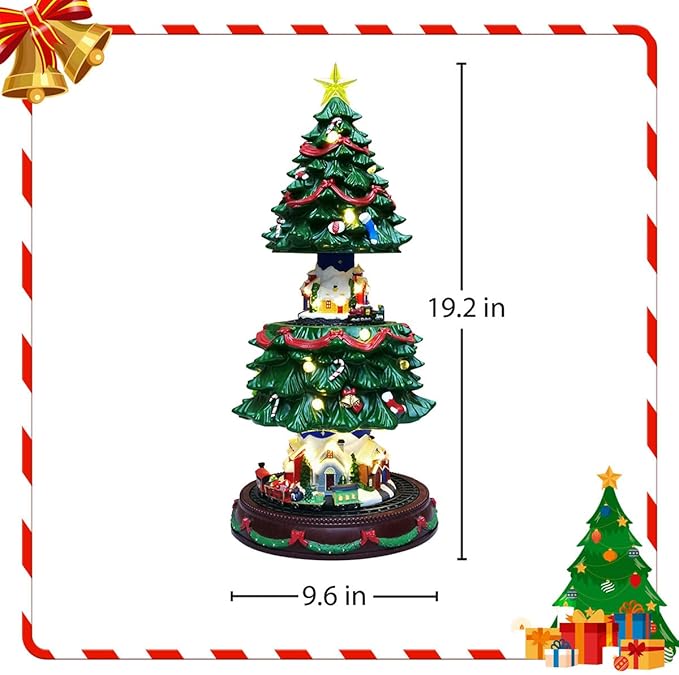 19" Christmas Tree Village House - Animated Tabletop Display with Moving Train, Up & Down Christmas Tree, LED Lights, and Holiday Music - Adapter Included Christmas Decor for Home Gift