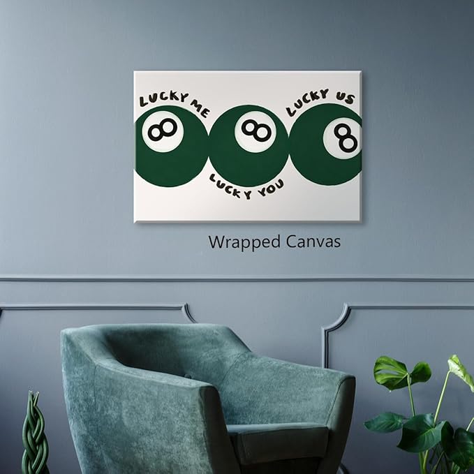 Green 8 Ball Poster, Lucky Me Lucky You Lucky Us Quote Canvas Wall Art, Playful Billiards Balls Picture Print, Retro 8ball Pool Painting for Bar Cart Game Room Man Caves Wall 12x16in Framed