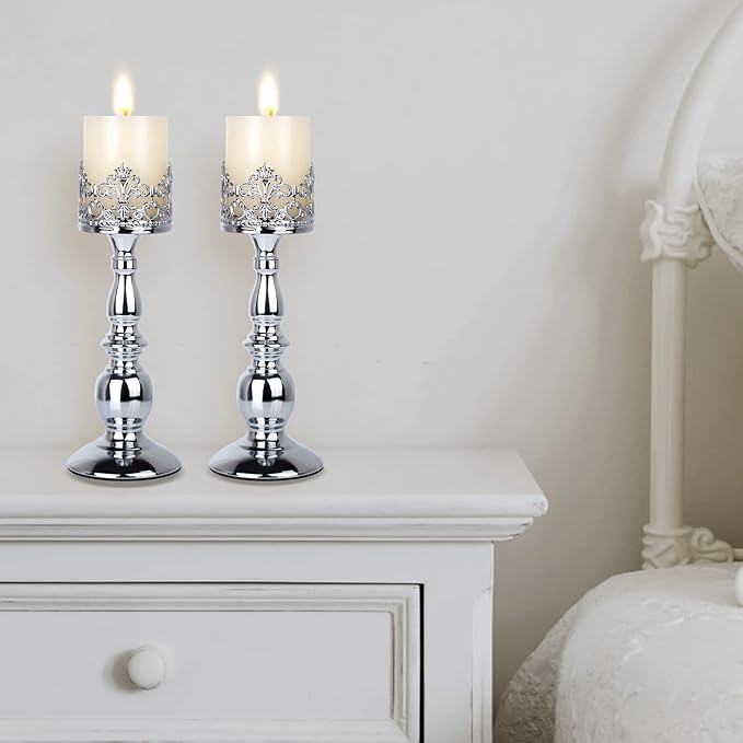 Candle Holders for Pillar Candles Gothic Matte Black Vintage Tall Candle Holders Set of 2 Decorative Large Table Centerpieces Candle Stand Decor (Silver 2PCS A)