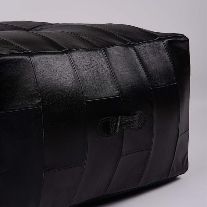 Square (Jumbo) Shaped Buffalo Leather Handmade Eco-Friendly Black Pouf - Square Pouf, 26"x26"x14", Geometric Pouf, Buffalo Leather Pouf, Recycled Cotton Filled Stuffed Pouf, Seating Pouf PF25