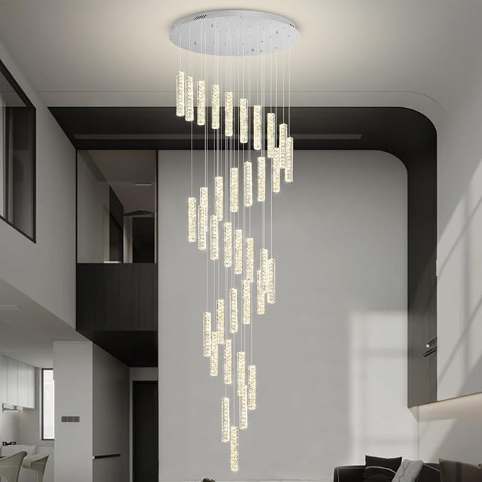 150 Inches Long Crystal Chandelier Large Spiral Stair Chandeliers for High Ceilings Foyer Entryway Flush Mount Ceiling Lights 36-Light Silver LED Dimmbale