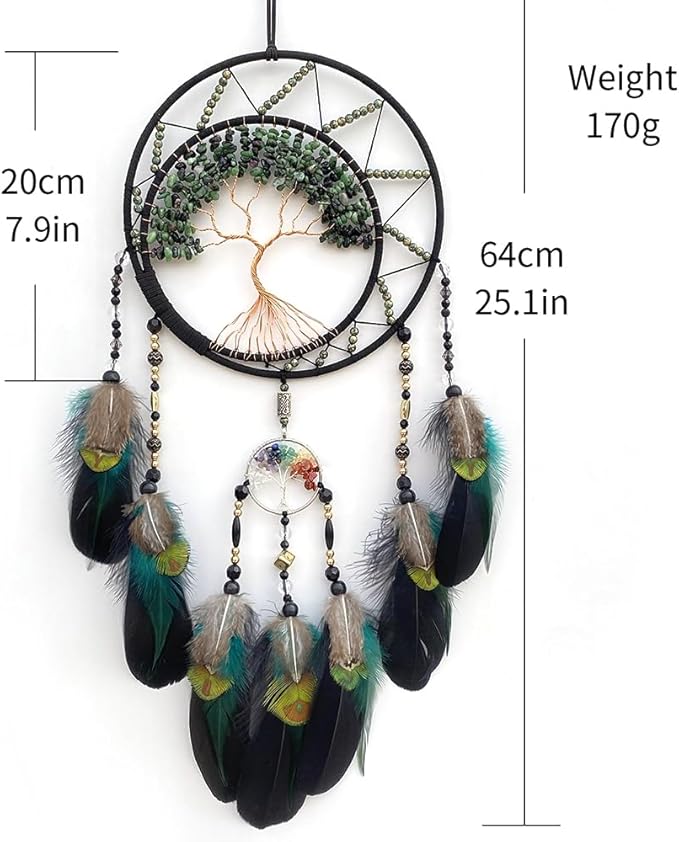7 Chakras Dream Catchers Tree of Life Dream Catcher Green Feather Dreamcatcher Wall Decor with Rainbow Healing Crystal Stone Wall Art Hanging for Bedroom Home Decor Bless Gift Wedding Party