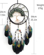 7 Chakras Dream Catchers Tree of Life Dream Catcher Green Feather Dreamcatcher Wall Decor with Rainbow Healing Crystal Stone Wall Art Hanging for Bedroom Home Decor Bless Gift Wedding Party