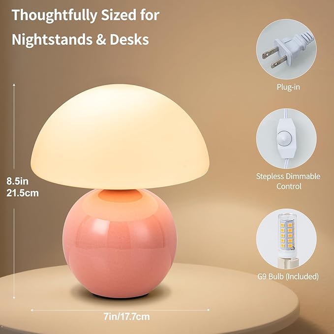 Mushroom Table Lamp, Ceramic Base with Milky White Glass Shade, Vintage Dimmable Bedside Nightstand Lamp for Bedroom, Reading, Home Décor, Gift for Friends Pink