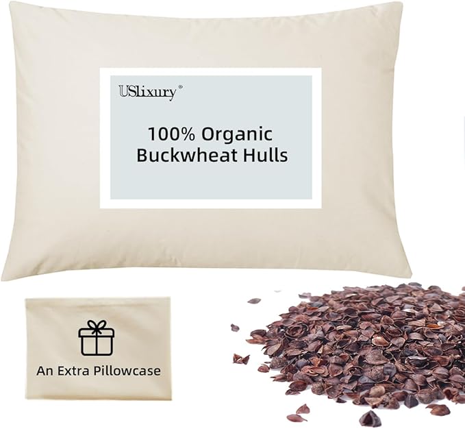 USlixury Buckwheat Pillow with Organic Pillowcase - Adjustable Buckwheat Hull Pillow, Buckwheat Pillows for Sleeping with Firm Support, Buckwheat Neck Pillow for Side Back Sleepers, 15"x19", Beige