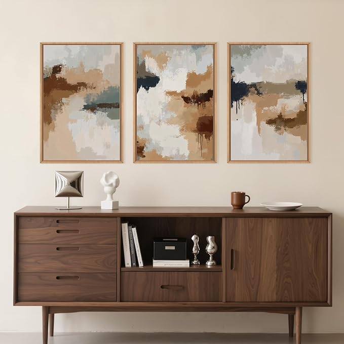 LHIUEM Large Abstract Brown Grey Framed Canvas Wall Art,Neutral Brush Stroke Pastel Wall Decor,Modern Color Block Wall Painting,Minimalist Artwork for Living Room,Bedroom,Dining Room,Office -16"x24"x3