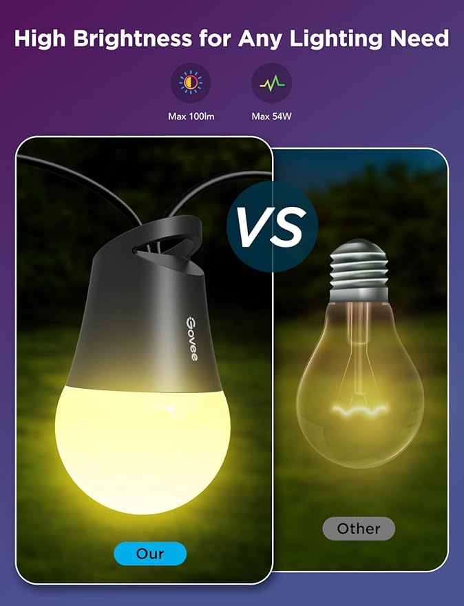 Govee Smart Outdoor String Lights 2, 96ft RGBIC Outdoor Lights with Dimmable Warm White LED Bulbs, 47 Scene Modes for Patio, Backyard, IP65 Waterproof, Works with Alexa, App Control