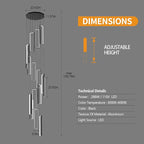 Modern Adjustable Height Pendant Light Fixture Black 288W LED Pendant Lights 16 Rings Rectangular Chandelier Staircase Large Chandelier Lobby Living Room Foyer High Ceiling Chandeliers