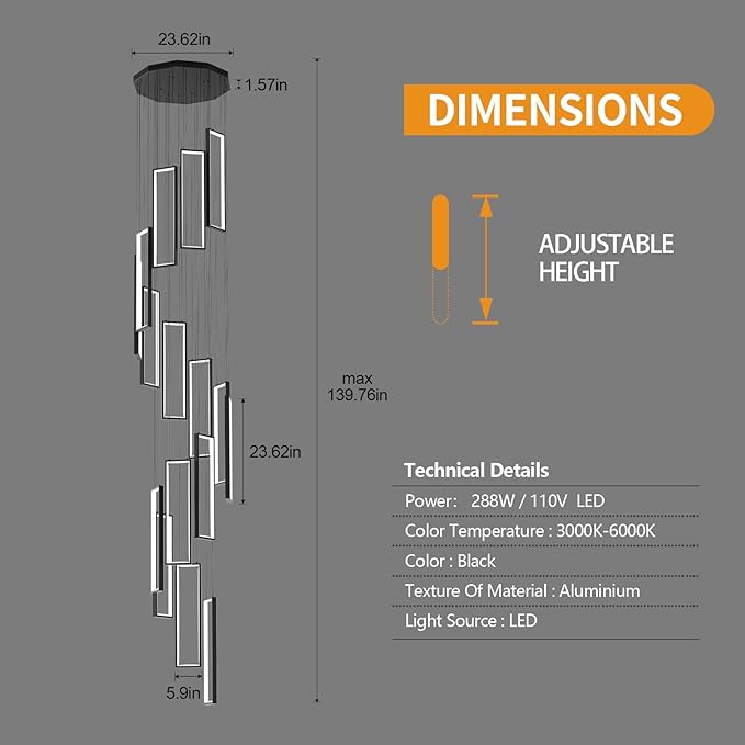 Modern Adjustable Height Pendant Light Fixture Black 288W LED Pendant Lights 16 Rings Rectangular Chandelier Staircase Large Chandelier Lobby Living Room Foyer High Ceiling Chandeliers
