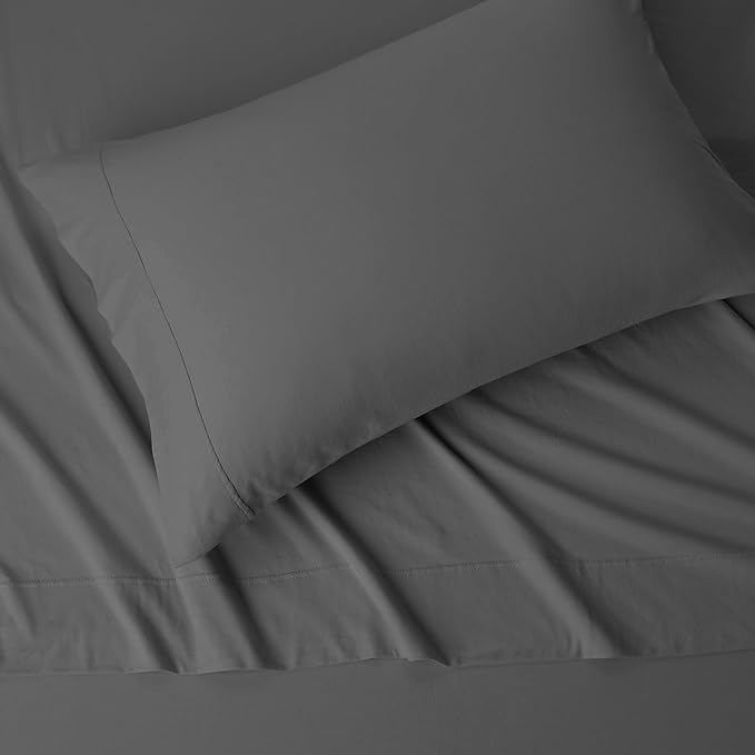 Amazon Basics 3 Piece Bed Sheet Set, 100% Cotton Jersey, Includes Super Soft, Flat and Fitted Sheets, Pillowcase, Toddler, Dark Gray, Solid