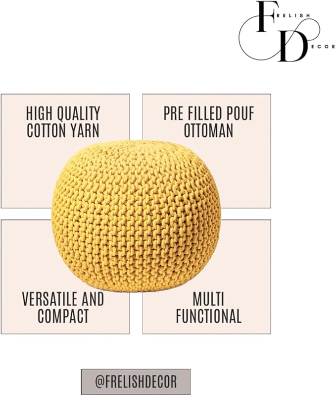 FRELISH DECOR Round Pouf Ottoman Hand Knitted 100% Cotton Pouf Foot Stool - Knitted Bean Bag - Floor Chair for Living Room Bedroom - Foot Rest for Couch (20 Diameter x 14 Height) - Yellow