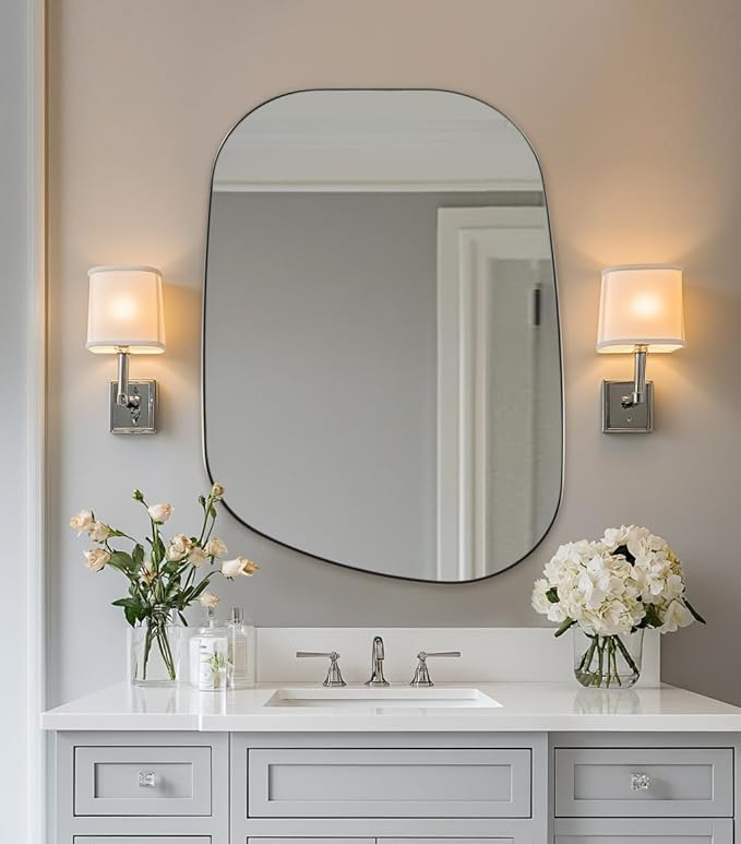 ANDY STAR Brushed Nickel Mirror, 24"x32" Silver Asymmetrical Wall Mirror for Bathroom, Unique Irregular Design with SUS304 Stainless Steel Metal Frame, Ideal for Bathroom, Bedroom, Entryway