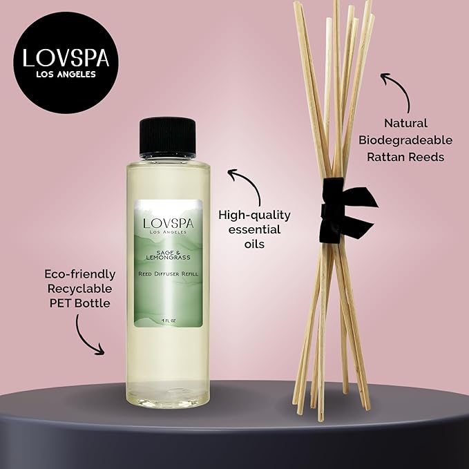 LOVSPA Sage & Lemongrass Diffuser Oil - Luxury Essential Oils for Diffuser Refill & Air Freshener Room Spray - Long-Lasting & Natural Home Fragrance, Scented Oil for Diffusers, USA Made, 4oz