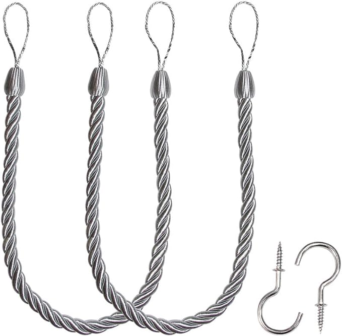 BEL AVENIR Curtain Ropes Tiebacks Tie-Backs, Curtain Handmade Holdbacks with 2 Metal Screw Hooks - Silver 2 Pack