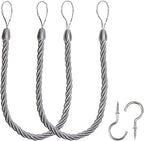 BEL AVENIR Curtain Ropes Tiebacks Tie-Backs, Curtain Handmade Holdbacks with 2 Metal Screw Hooks - Silver 2 Pack