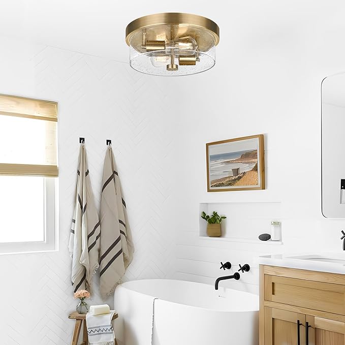 Flush Mount Ceiling Light Fixtures, 2-Light Brass Ceiling Mount for Farmhouse with Seeded Glass Lampshade, Industrial Hall Flush Mount Light Fixture for Hallway, Kitchen, Entryway, Bedroom and Foyer