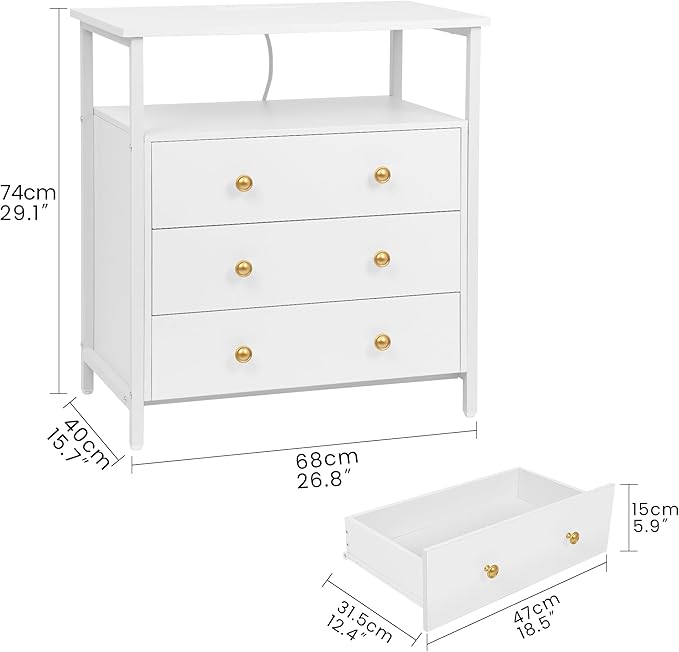 3 Wooden Drawers Nightstand, 27 Inch Wide Night Stand Set 2 with Charging Station and Adjustable Drawers, Small Dresser for Closet, Bedside Table for Living Room/Bedroom/Office, White.