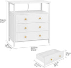 3 Wooden Drawers Nightstand, 27 Inch Wide Night Stand Set 2 with Charging Station and Adjustable Drawers, Small Dresser for Closet, Bedside Table for Living Room/Bedroom/Office, White.