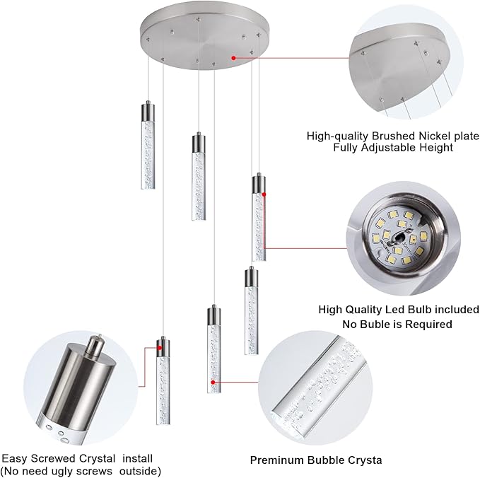 Modern Chandeliers for high Ceilings, Brushed Nickel Foyer Pendant Lighting with Preminum Bubbles, Pendant Lights Kitchen 6-Lights Dimmmable for Foyer Dining Room, Kitchen Island,Bars…