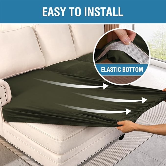 H.VERSAILTEX Velvet Stretch Sectional Couch Covers 3 Pieces Sofa Seat Cushion Covers L Shape Separate Couch Cover for Both Left/Right Sectional Couch (Large Sofa 2 Seater + 1 Chaise, Olive)