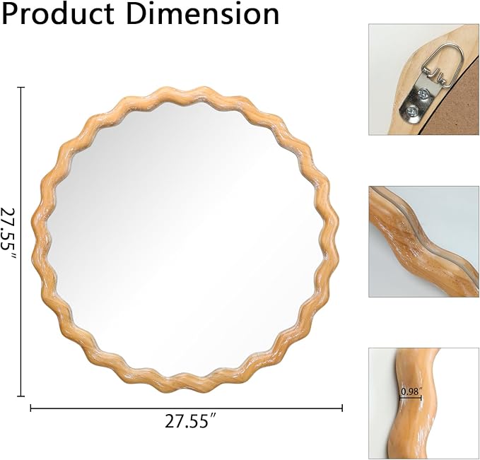 Wavy Mirror 27.5x27.5 Inch, Decorative Bathroom Mirror with Natural Wood Frame, Entry Way Mirrors for Wall, Shatterproof Glass, Mirrors for Wall Decor